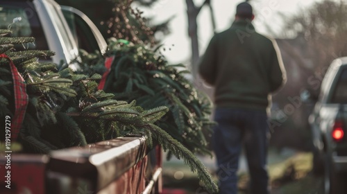 Wallpaper Mural Man with a Christmas tree in the background of a truck, enjoying natural daylight Torontodigital.ca