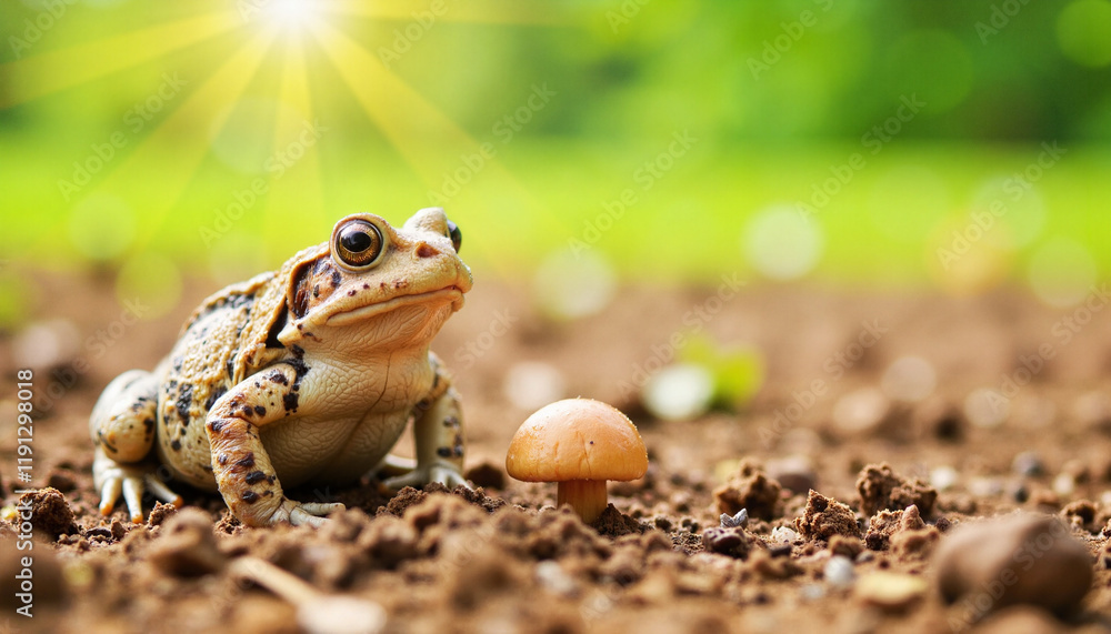 Obraz premium Frog observing mushroom on soil in sunny garden