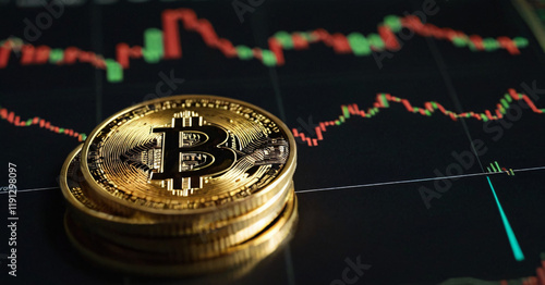 Bitcoin symbol on dark blue background. Abstract vector image. Exchange trading charts. Digital electronic currency.