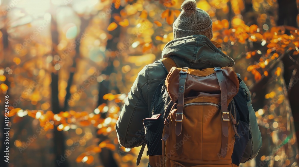 Man with a sturdy backpack exploring an autumn forest trail Man with a sturdy backpack exploring an autumn forest trail