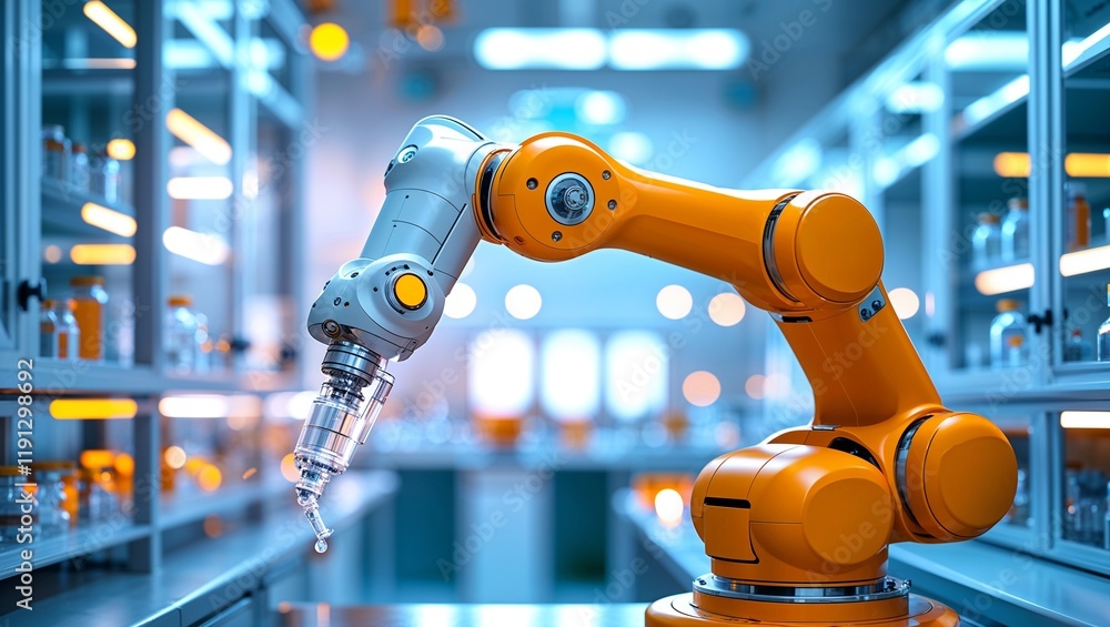 Selective focus on robotic arm in advanced pharmaceutical laboratory for virus research and vaccine development . Selective focus on robotic arm in advanced pharmaceutical laboratory for virus research and vaccine development .