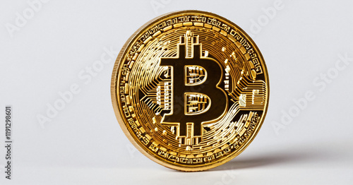Obraz na płótnie Close up golden coin with bitcoin symbol isolated on white background with clipping path w salonie