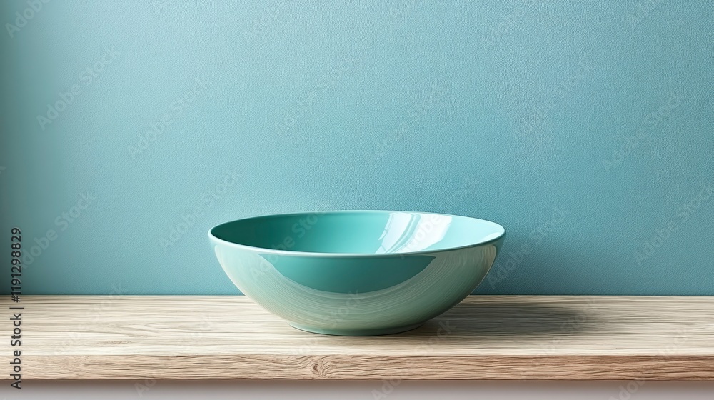 Teal Ceramic Bowl on Light Wood Surface Against a Calm Blue Wall Teal Ceramic Bowl on Light Wood Surface Against a Calm Blue Wall