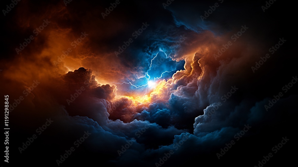 Fiery Celestial Storm: A Dramatic Encounter of Orange and Blue Lightning Amidst Dark Clouds Fiery Celestial Storm: A Dramatic Encounter of Orange and Blue Lightning Amidst Dark Clouds