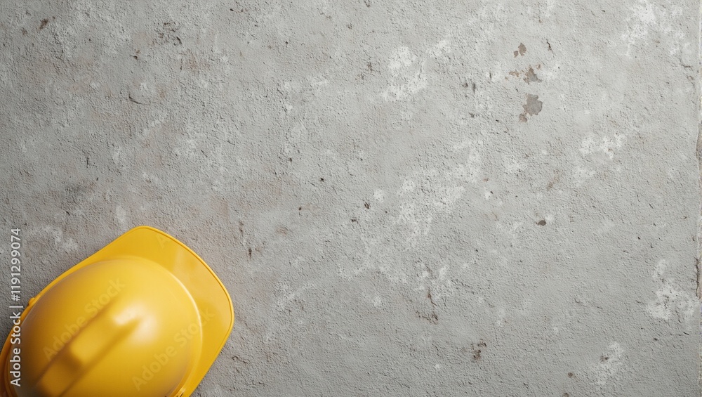 Naklejka premium Yellow hardhat on textured concrete surface industrial contrast top down view