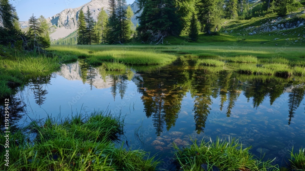 A tranquil meadow with lush grass and trees reflecting in a serene lake A tranquil meadow with lush grass and trees reflecting in a serene lake