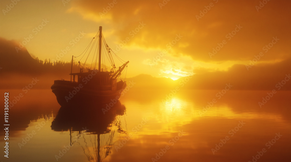 Fototapeta premium Barco pesquero al amanecer reflejado en aguas tranquilas