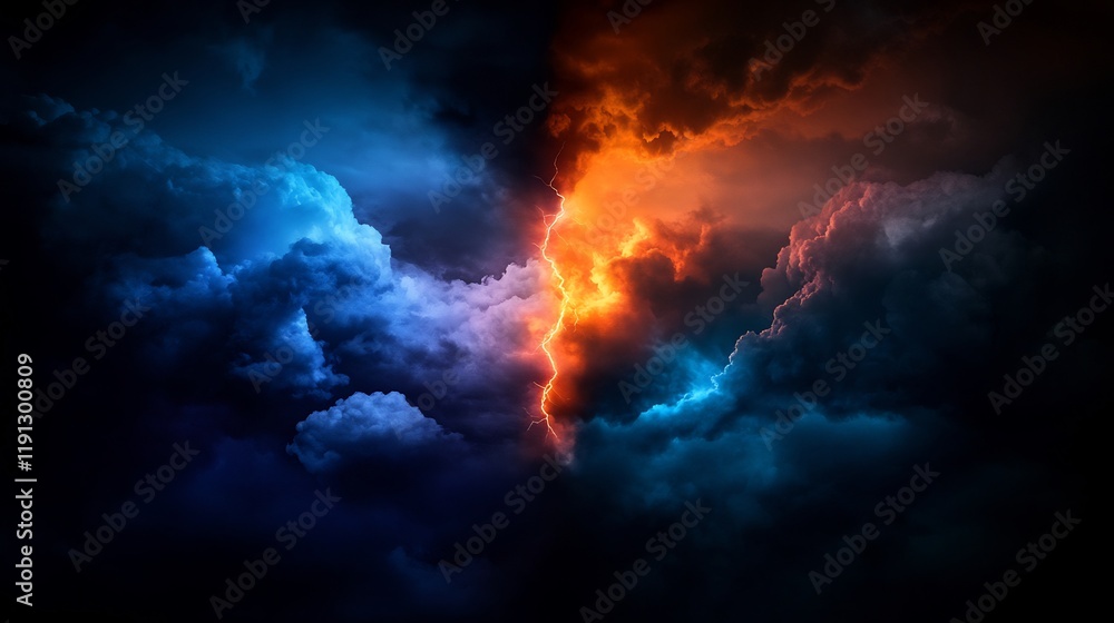 Fototapeta premium Fiery and Icy Storm Clash: A Dramatic Celestial Divide