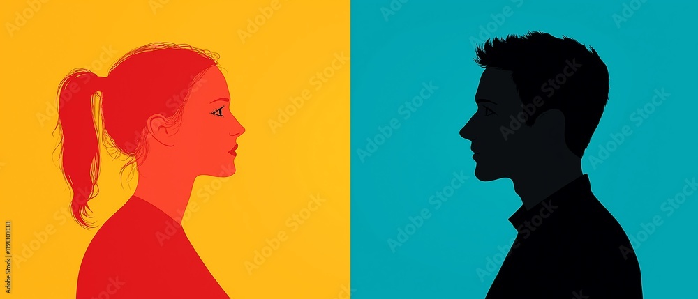 A captivating illustration of two silhouettes, one in vibrant red and the other in deep blue, against contrasting yellow and teal backgrounds, symbolizing emotional duality. A captivating illustration of two silhouettes, one in vibrant red and the other in deep blue, against contrasting yellow and teal backgrounds, symbolizing emotional duality.