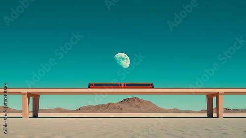 Desert train on elevated track, moon in sky. Stock photo for travel, transportation, futuristic themes