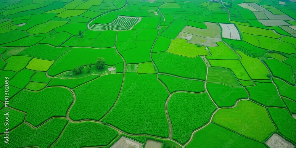 Fototapeta premium Abstract geometric shapes of agricultural parcels in vibrant green Bali rice fields viewed from drone above, green, rice, agriculture
