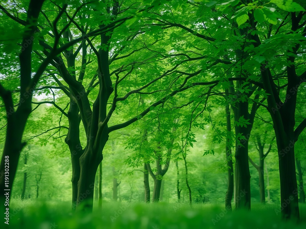 Naklejka premium A double exposure showcasing a mysterious woman blending into a lush forest setting, trees, leaves, green