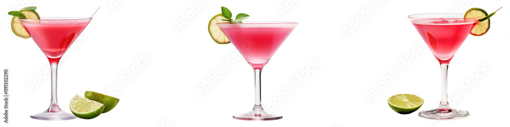 Cosmopolitan cocktail isolated on transparent background, Set of Cosmopolitan cocktail isolated on transparent background, Set of