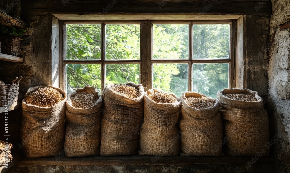 Fototapeta premium Burlap sacks of grain by rustic window.