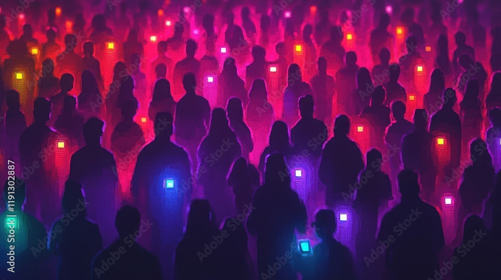 Obraz premium Bustling Urban Night Scene with Colorful Lights and Crowded People