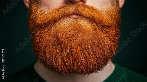 A close-up image of a man showcasing a vibrant, well-groomed red beard against a dark background, highlighting the texture and color of facial hair with striking detail. photo