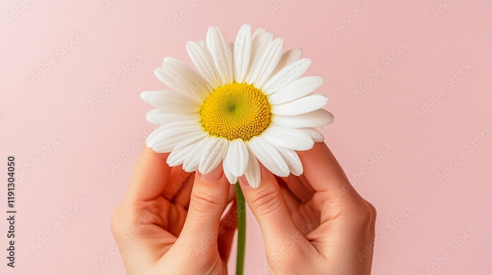 A woman holds a white daisy flower in her hand. The flower is in the center of attention and in the focus of the image. The person's hand is located close to the flower