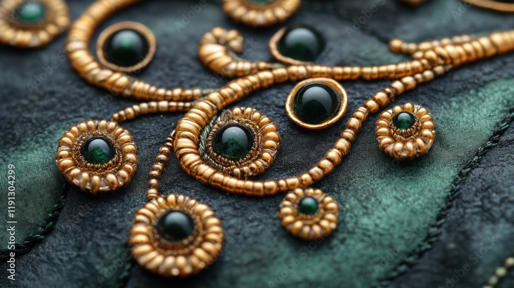 Close up view of intricate bead embroidery showcasing detailed patterns and vibrant colors on textured fabric Close up view of intricate bead embroidery showcasing detailed patterns and vibrant colors on textured fabric