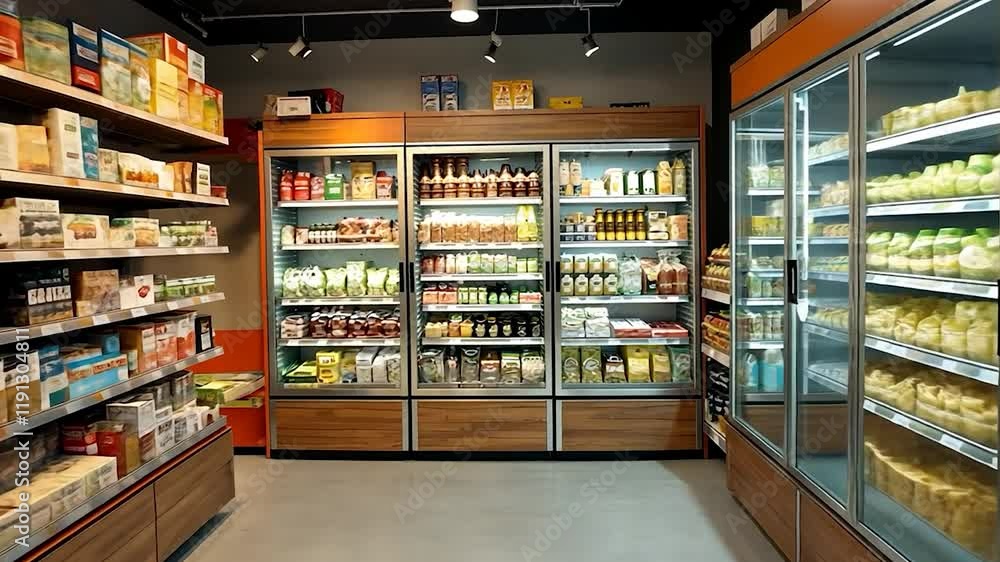 Grocery Store Interior with Shelves and Refrigerated Displays Grocery Store Interior with Shelves and Refrigerated Displays
