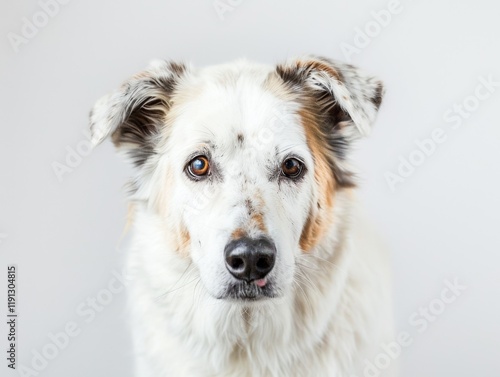 A white dog with brown and black spots against a light background