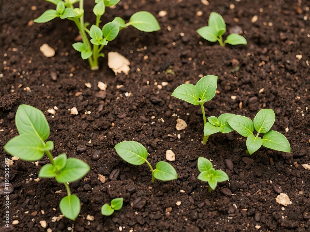 Coffee grounds being sprinkled around a thriving vegetable plant as a natural organic fertilizer rich in nitrogen for growth, grounds, gardening, organic Coffee grounds being sprinkled around a thriving vegetable plant as a natural organic fertilizer rich in nitrogen for growth, grounds, gardening, organic