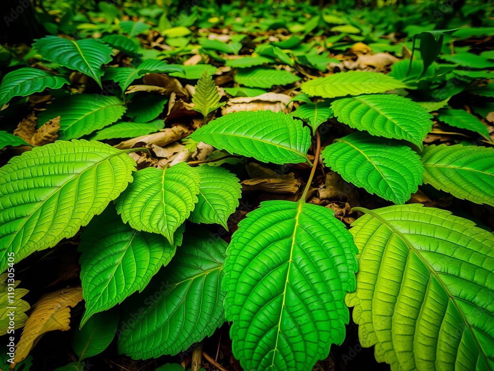 Extreme close up of vibrant green leaves with intricate vein patterns on a forest floor, intricate, forest, vibrant Extreme close up of vibrant green leaves with intricate vein patterns on a forest floor, intricate, forest, vibrant