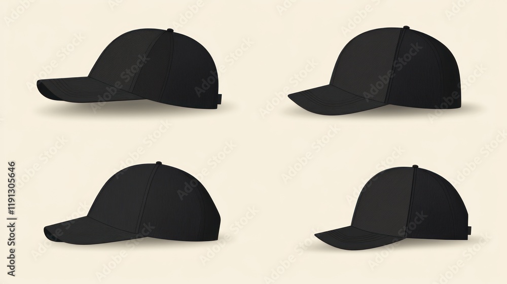 Black baseball caps mockup, various angles, isolated, design template Black baseball caps mockup, various angles, isolated, design template
