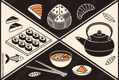 Japanese cuisine, minimalist food icons, black and orange color scheme, sushi rolls, onigiri, fish, teapot, mochi, dango, chopsticks, bread, pastries, soup bowl, bamboo whisk, graphic design style, fl