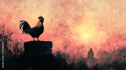 A rooster silhouetted against the first light of dawn, crowing on a stone wall, the radiant sky filled with hues of pink and orange, Saint Peter’s kneeling silhouette in the foreground, photo