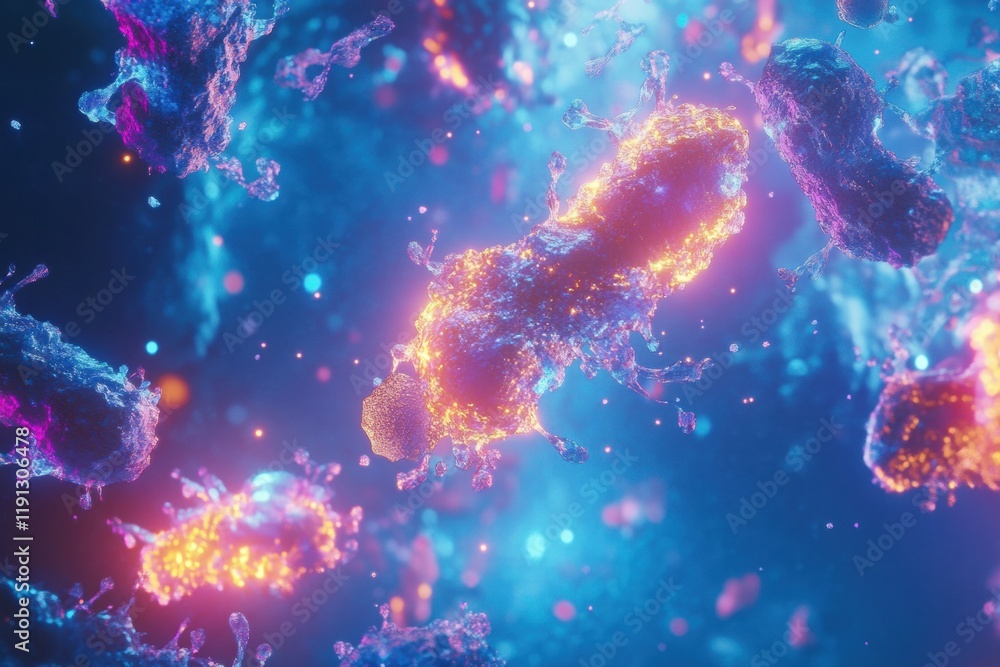 Fototapeta premium Visual representation of antibodies actively targeting glowing viruses in a dynamic environment. Generative AI