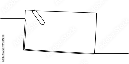 Piece of paper on rope with clothespin, one continuous line drawing. Empty frame in outline style, papers with paper clip continuous one line drawing, Black and white vector illustration of a children