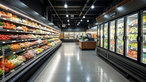 Grocery Store Interior with Produce and Refrigerated Sections