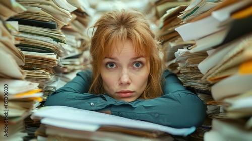 Auditor Surrounded by Piles of Financial Reports in Office Environment photo