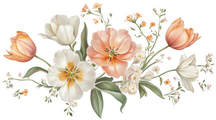 Bouquet of flowers painted with watercolor transparent background