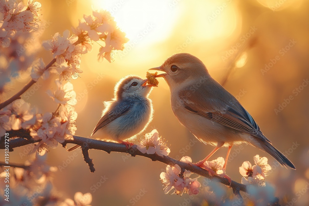 Bird feeding chick, sunset, blossoming branch. Bird feeding chick, sunset, blossoming branch.