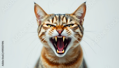 Angry tabby cat showing teeth and claws
