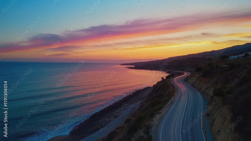 Fototapeta premium Aerial view of coastal highway at sunset, vibrant colors reflecting on ocean.
