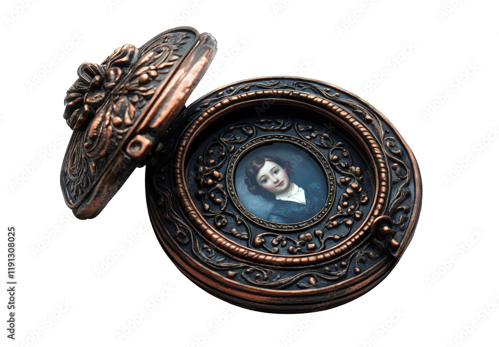 An ornate, antique round locket with a portrait inside is open, isolated on a transparent background. An ornate, antique round locket with a portrait inside is open, isolated on a transparent background.