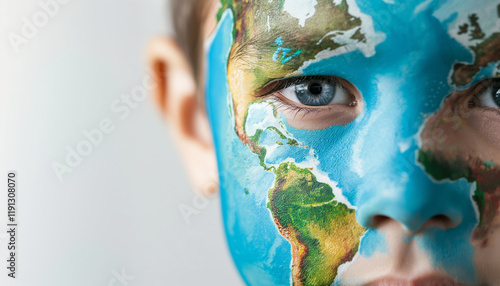 Close-Up Portrait of Child with Painted Face Depicting World Map, Symbolizing Global Unity and Environmental Awareness photo