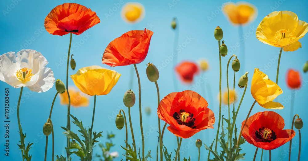 Beautiful spring colorful natural flower background with red yellow and white poppies on light blue background