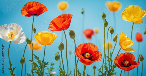 Beautiful spring colorful natural flower background with red yellow and white poppies on light blue background