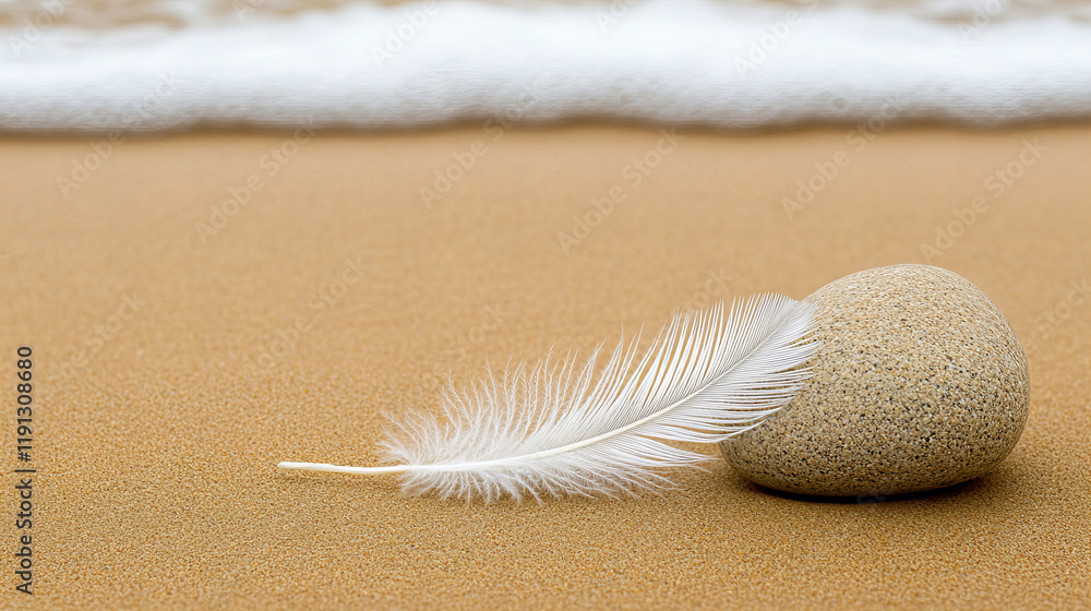 Feather gently resting on a smooth rock beside tranquil ocean waves on sandy beach during daylight Feather gently resting on a smooth rock beside tranquil ocean waves on sandy beach during daylight