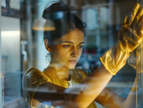 Woman in golden gloves cleaning a shiny glass surface with care photo