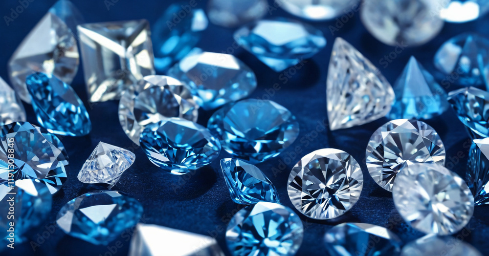 Close up of a single pare of blue and white diamonds of different cuts with shadows.