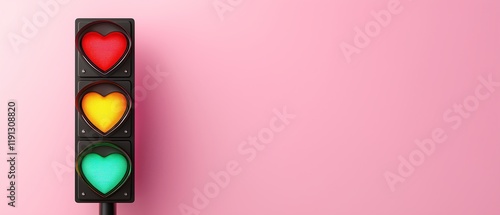 A colorful traffic light with heart shapes replaces traditional signals, set against a soft pink backdrop. This whimsical design symbolizes love, affection, and communication.