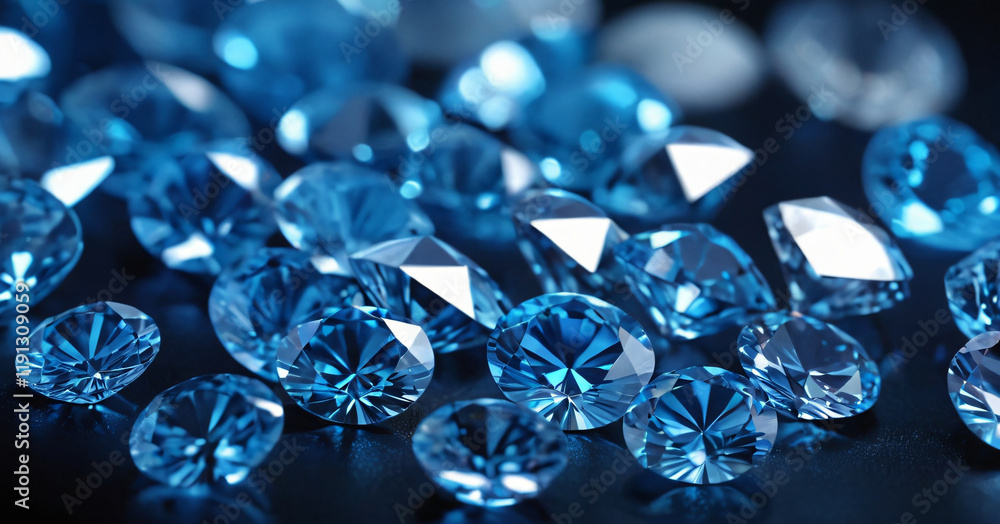 Close up of a single pare of blue and white diamonds of different cuts with shadows.