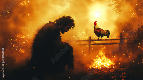 A sorrowful Saint Peter crouched in despair near a glowing fire, the rooster shining brightly with heavenly light atop a fence in the background, photo