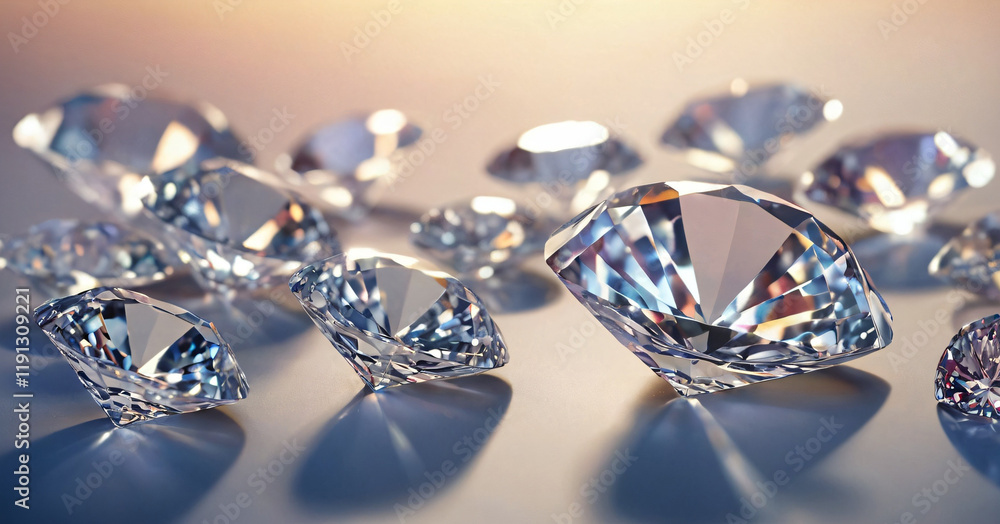 Close up of diamonds of different cuts and sizes on light background with shadows.