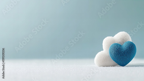 Soft fabric hearts showcase love and affection against a gentle blue background in a minimalist setting