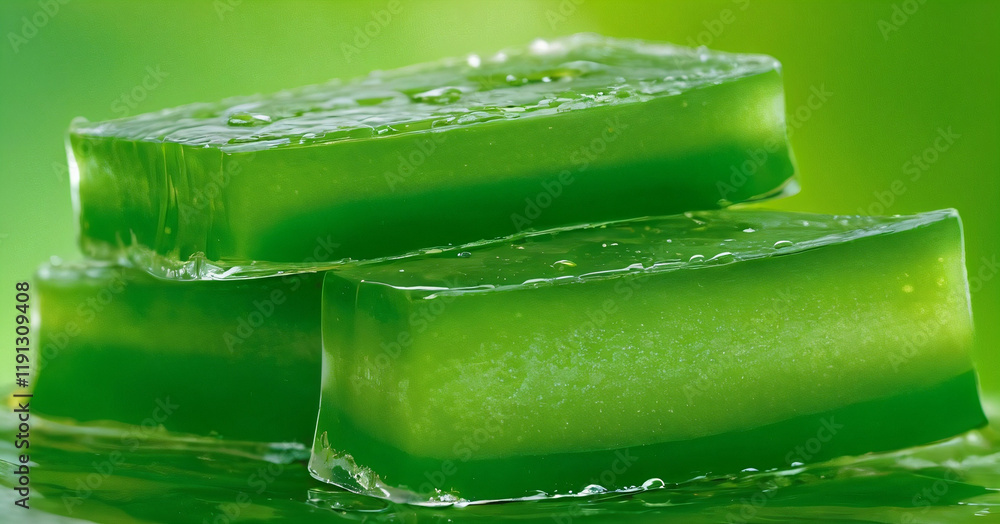Close-up view of fresh aloe vera slices and natural gel on a wet green background, reflecting themes of natural skincare and herbal cosmetics